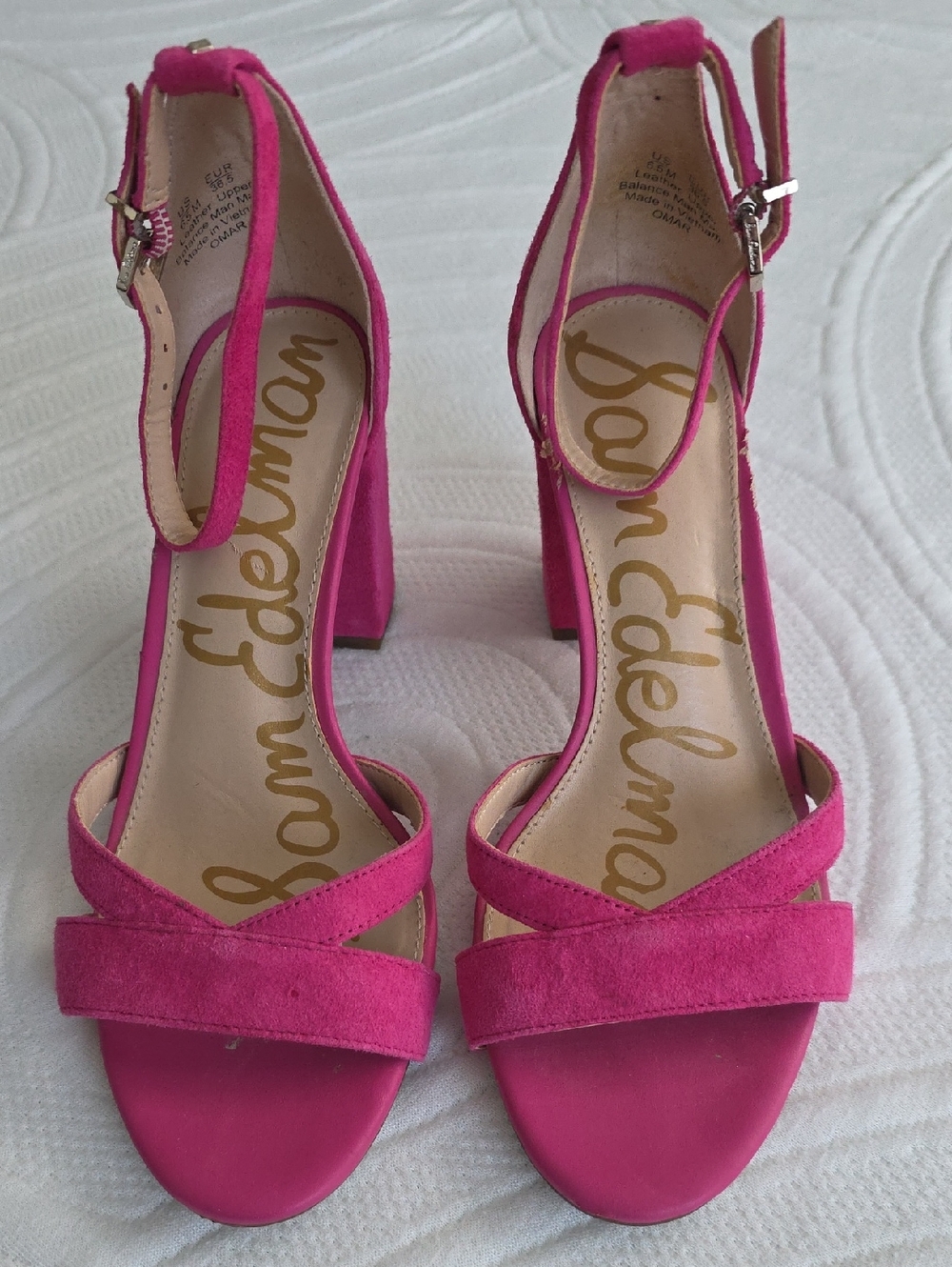 Sam Edelman Hot Pink Suede Block Heel Ankle-Strap Sandals